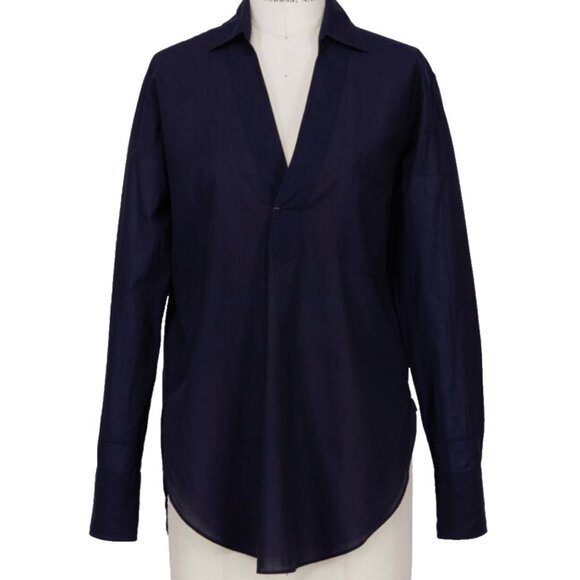 Helmut Lang Shirt Navy Blue Tunic Top Size Small Long Sleeve Collared V Neck - Picture 1 of 7